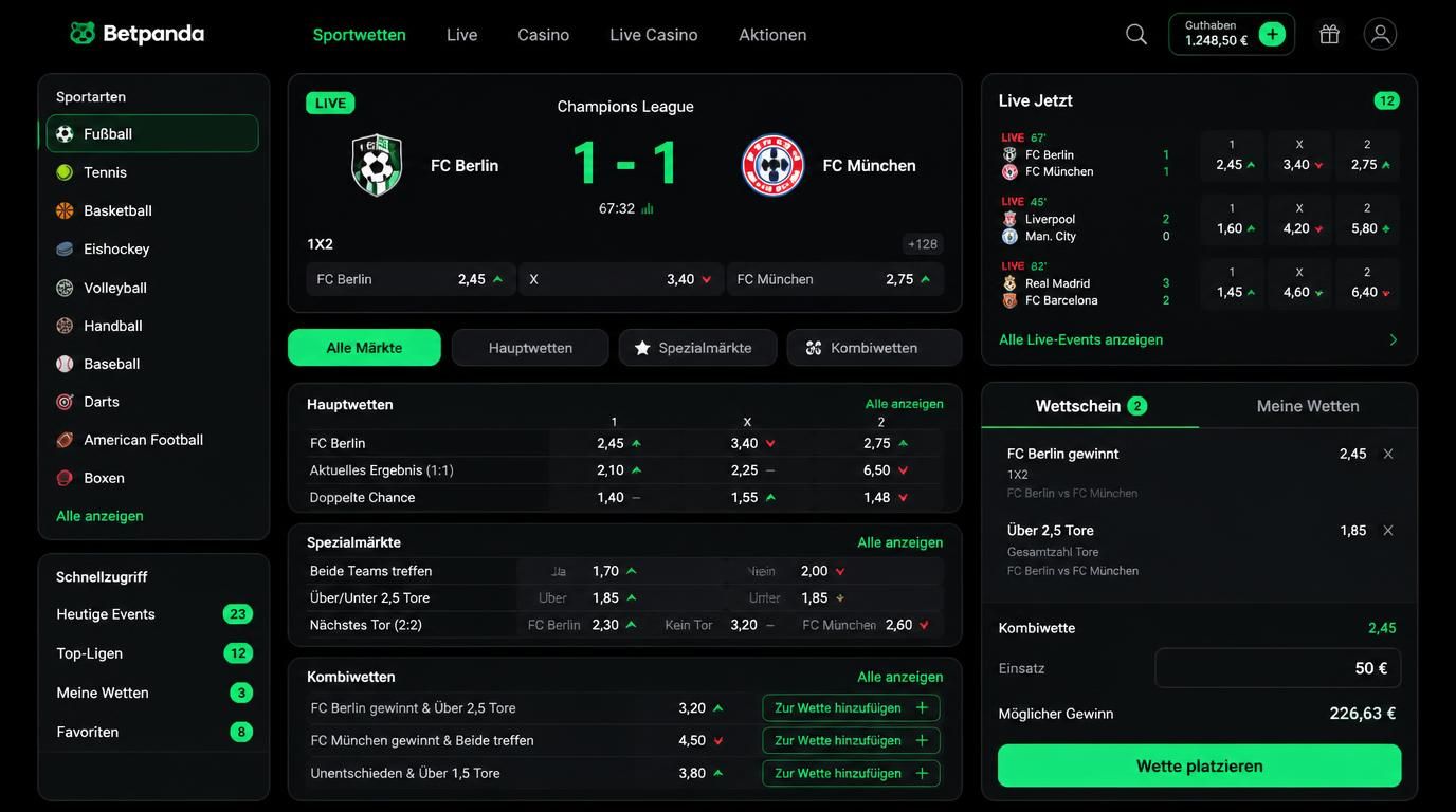 Sportwetten-Optionen wie Livewetten, Fußball, Kombiwetten, Spezialmärkte in Aktion