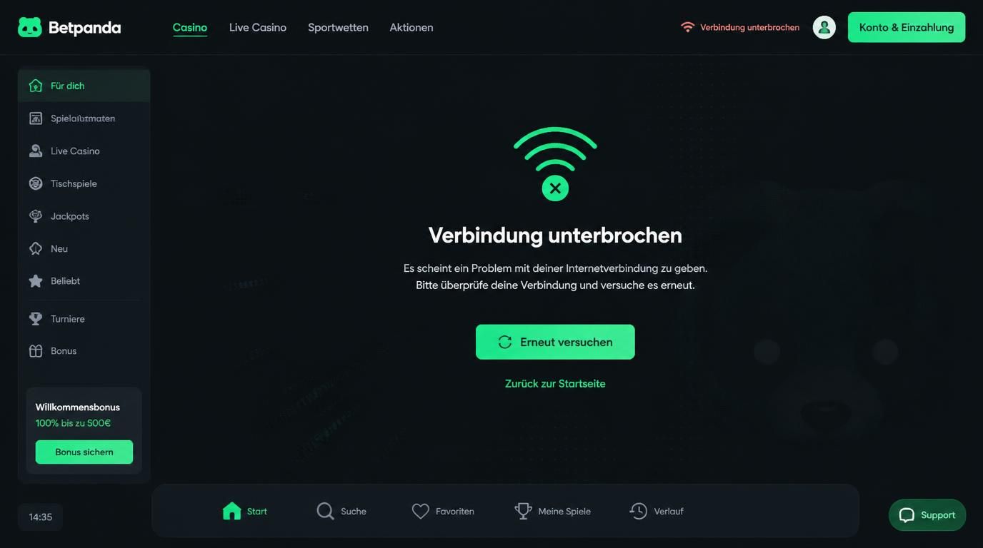 Ein Interface zeigt Fehlermeldung und schnelle Wiederherstellung der Verbindung