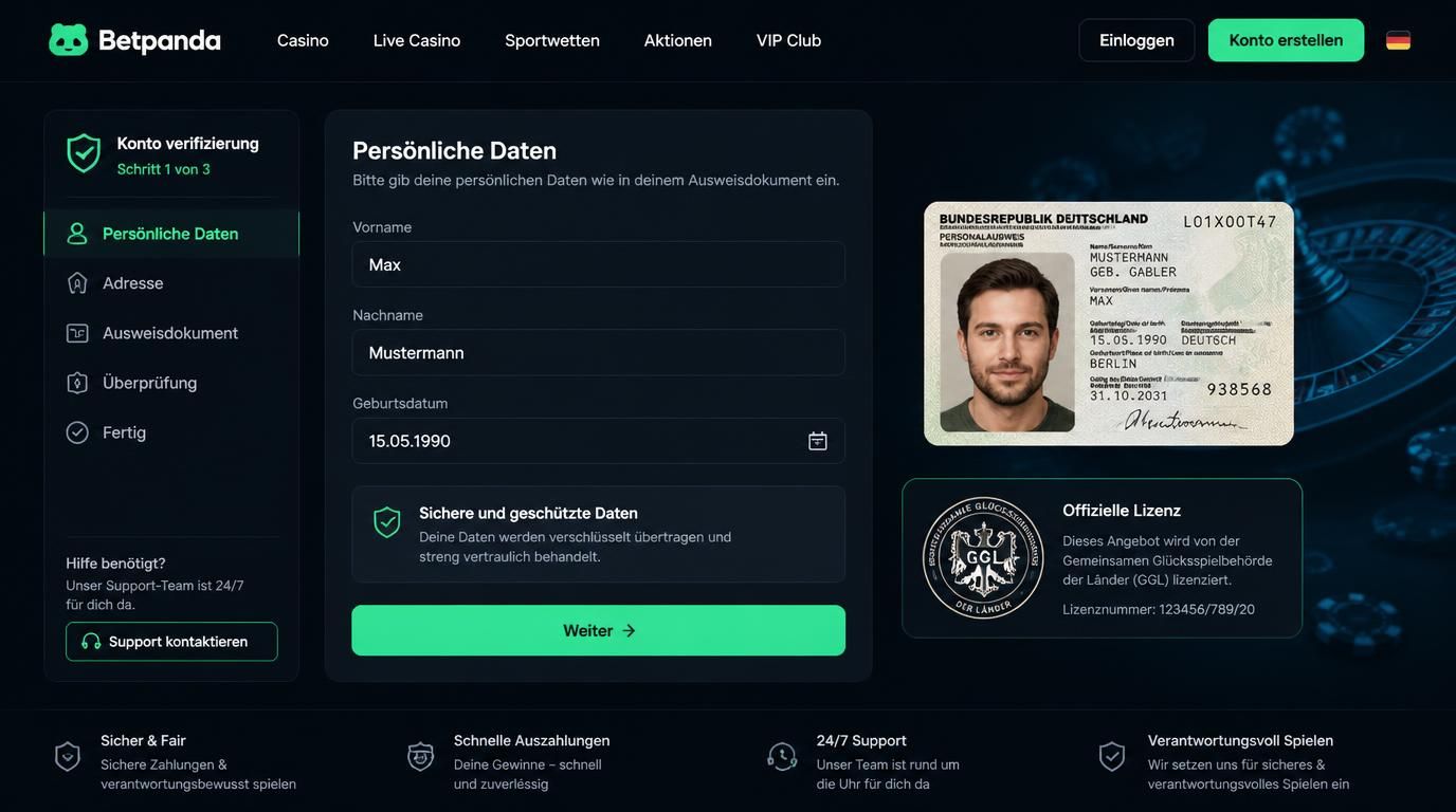Ein seriöses Anmeldeformular mit Namens-, Adress- und Geburtsdatumfeldern, Lizenzsymbol im Hintergrund